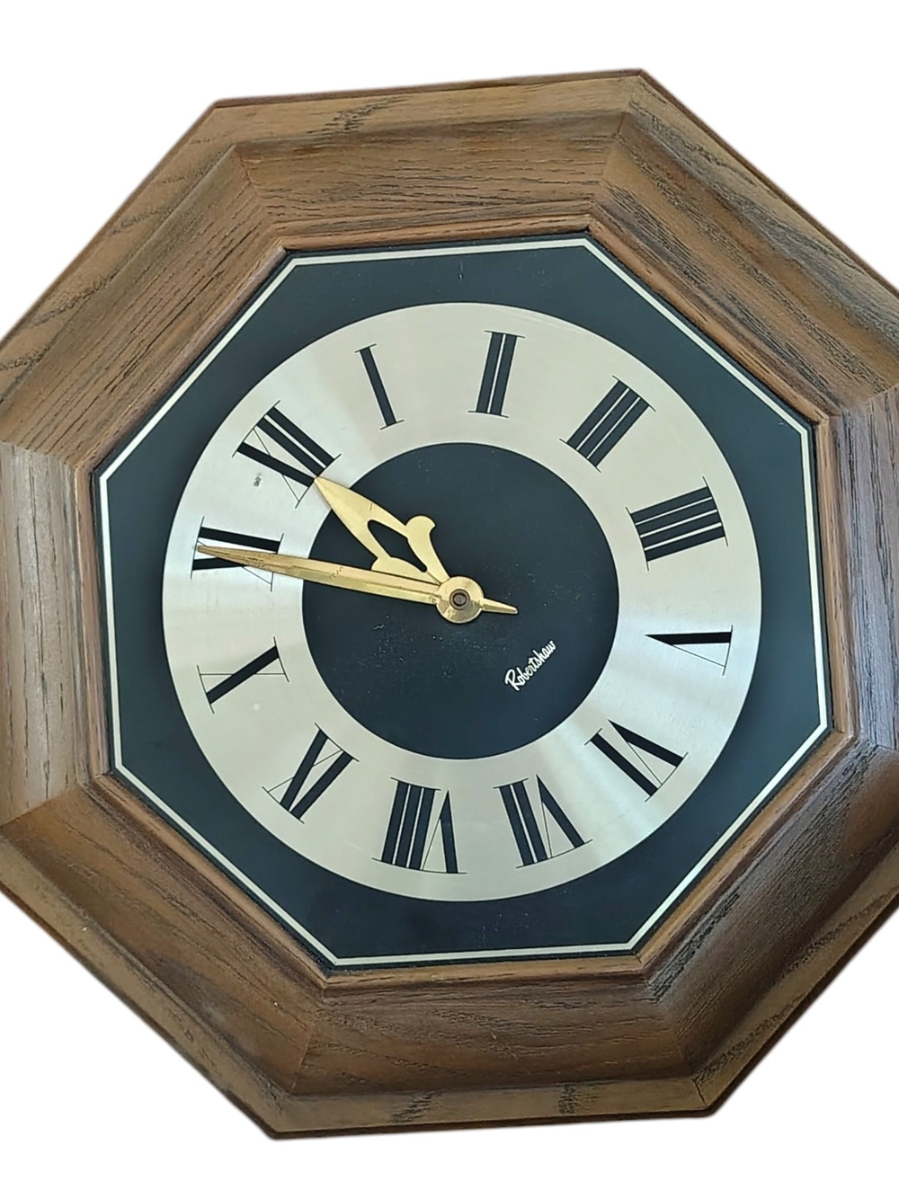 Retro Octagonal Wall Clock in Wood Tone and Gold by Robertshaw